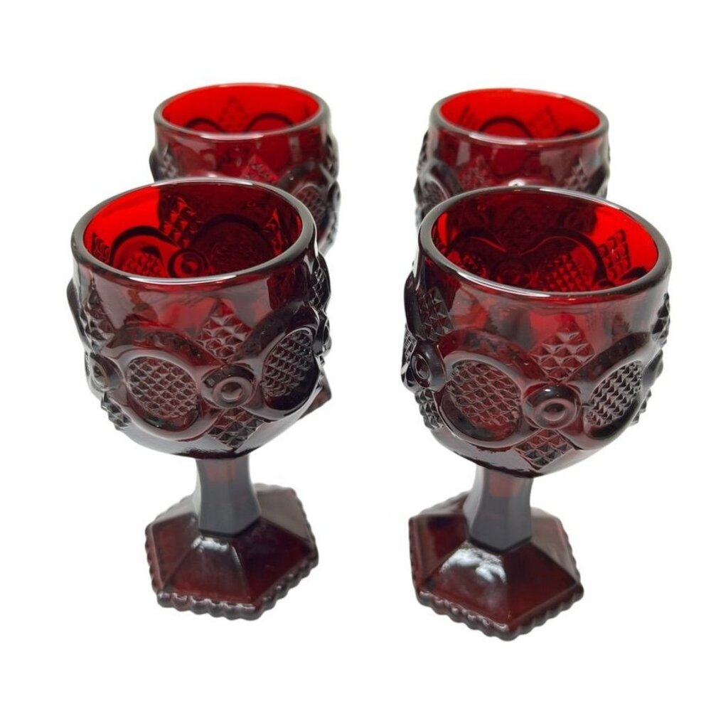 Vintage Avon 1876 Cape Cod Ruby Red Miniature Wine Glass Set of 4 Roman Rosette